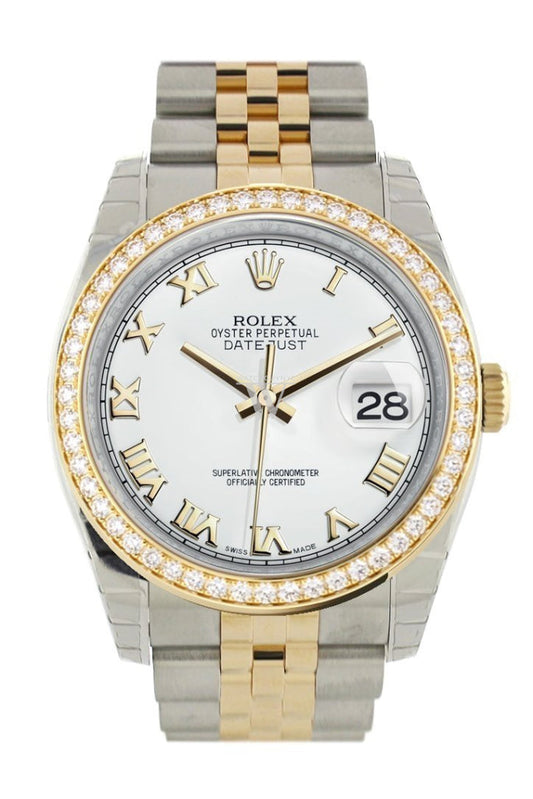 Custom Diamond Bezel Rolex Datejust 36 White Roman Dial Jubilee Yellow Gold Two Tone Watch 116203 Pre-owned