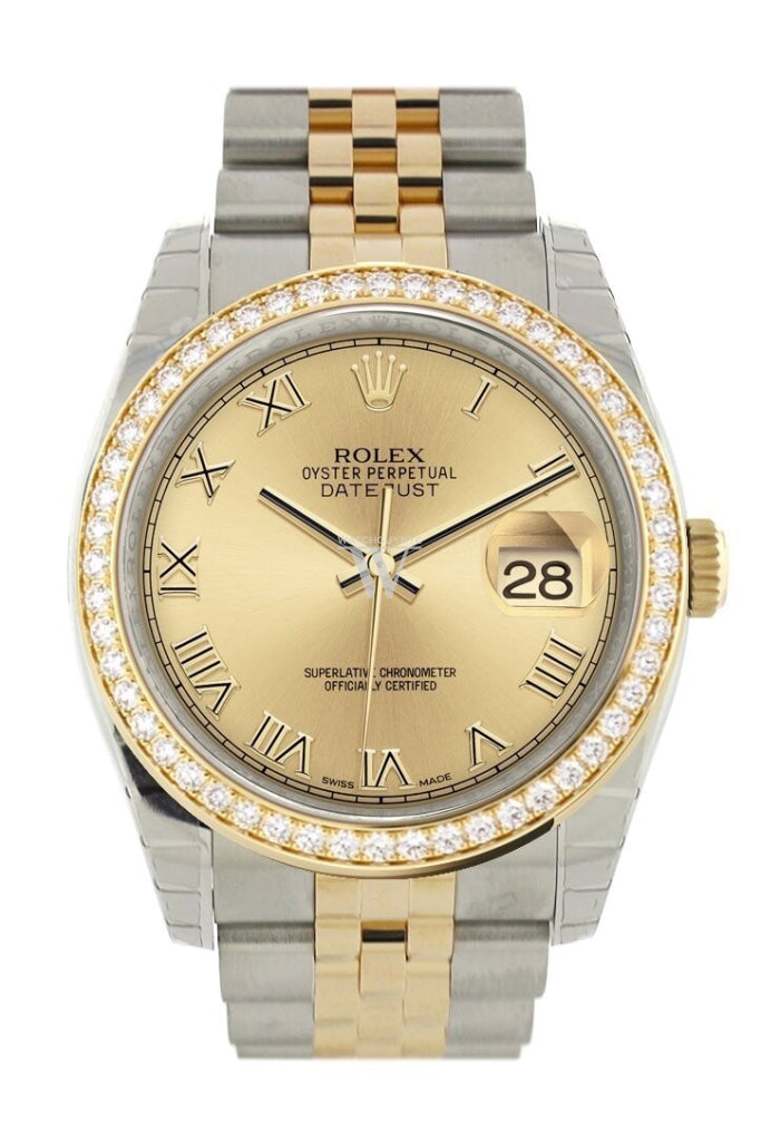 Custom Diamond Bezel Rolex Datejust 36 Champagne Roman Dial Jubilee Yellow Gold Two Tone Watch 116203 116233 Pre-owned