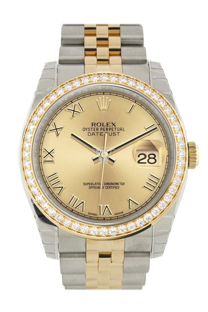 Custom Diamond Bezel Rolex Datejust 36 Champagne Roman Dial Jubilee Yellow Gold Two Tone Watch 116203 116233 Pre-owned