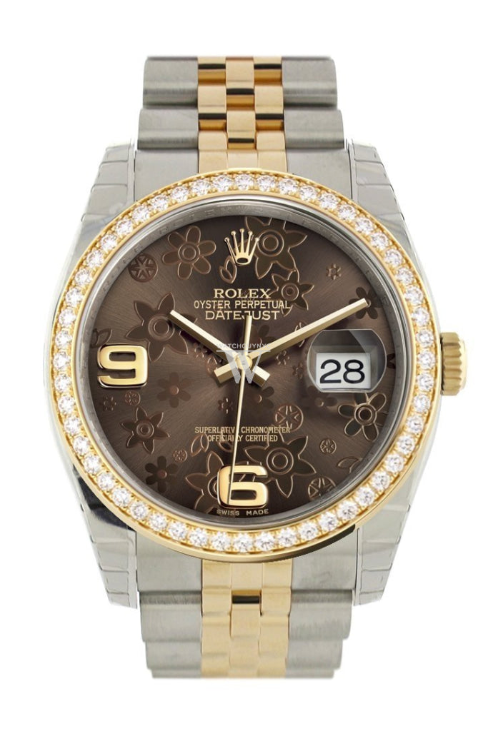 Custom Diamond Bezel Rolex Datejust 36 Bronze floral motif Arab Dial Jubilee Yellow Gold Two Tone Watch 116203 Pre-owned