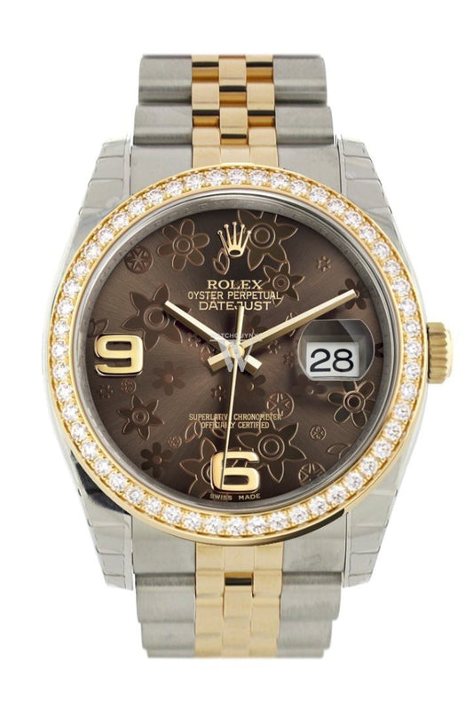 Custom Diamond Bezel Rolex Datejust 36 Bronze floral motif Arab Dial Jubilee Yellow Gold Two Tone Watch 116203 Pre-owned