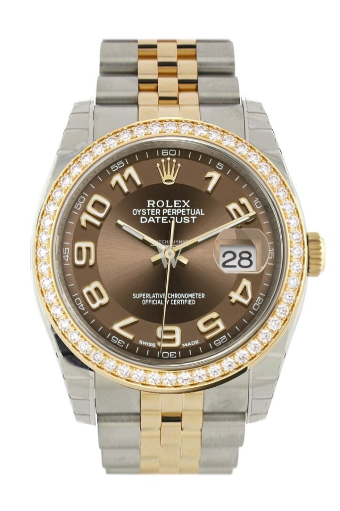 Custom Diamond Bezel Rolex Datejust 36 Bronze Arab Dial Jubilee Yellow Gold Two Tone Watch 116203 116233 Pre-owned