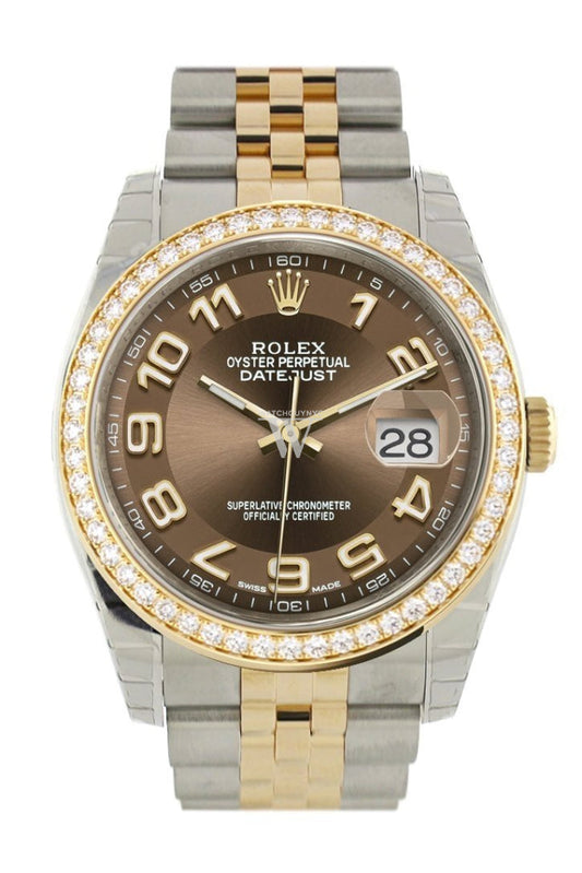 Custom Diamond Bezel Rolex Datejust 36 Bronze Arab Dial Jubilee Yellow Gold Two Tone Watch 116203 116233 Pre-owned