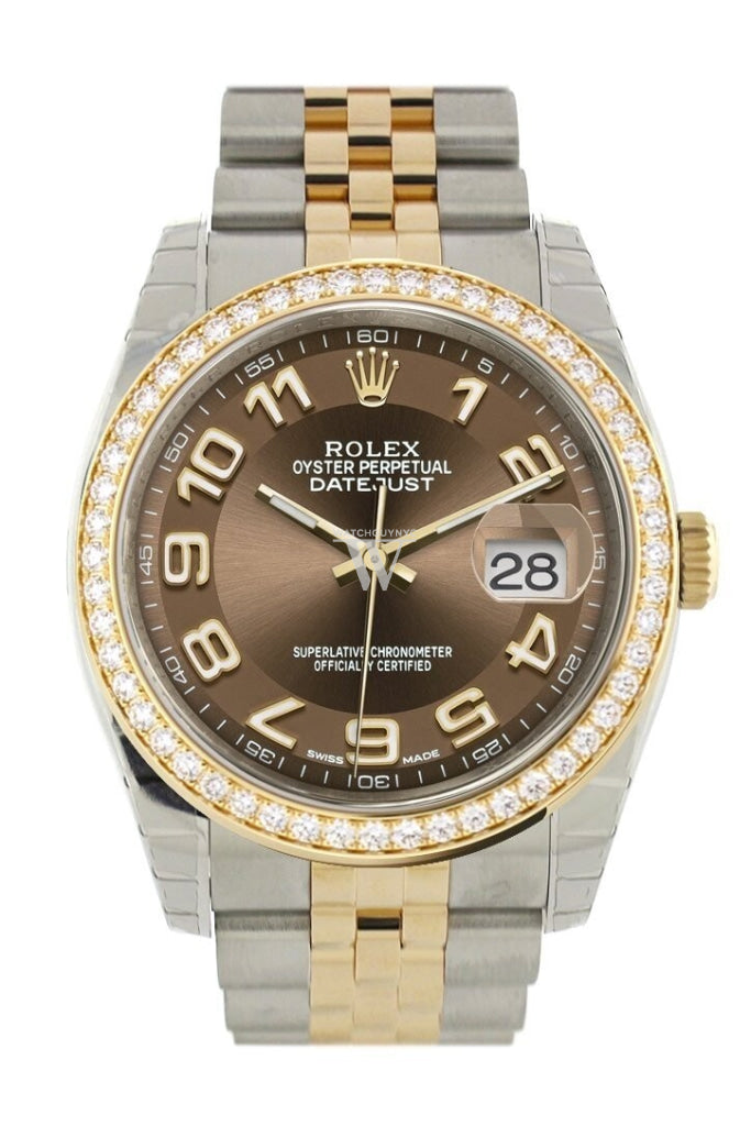 Custom Diamond Bezel Rolex Datejust 36 Bronze Arab Dial Jubilee Yellow Gold Two Tone Watch 116203 116233 Pre-owned