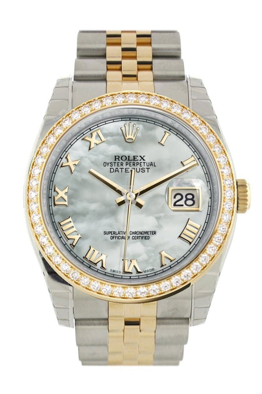 Custom Diamond Bezel Rolex Datejust 36 White mother-of-pearl Roman Dial Jubilee Yellow Gold Two Tone Watch 116203 116233 Pre-owned