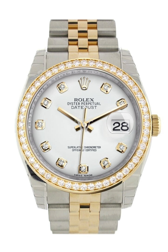 Custom Diamond Bezel Rolex Datejust 36 White Diamonds Dial Jubilee Yellow Gold Two Tone Watch 116203 116233 Pre-owned