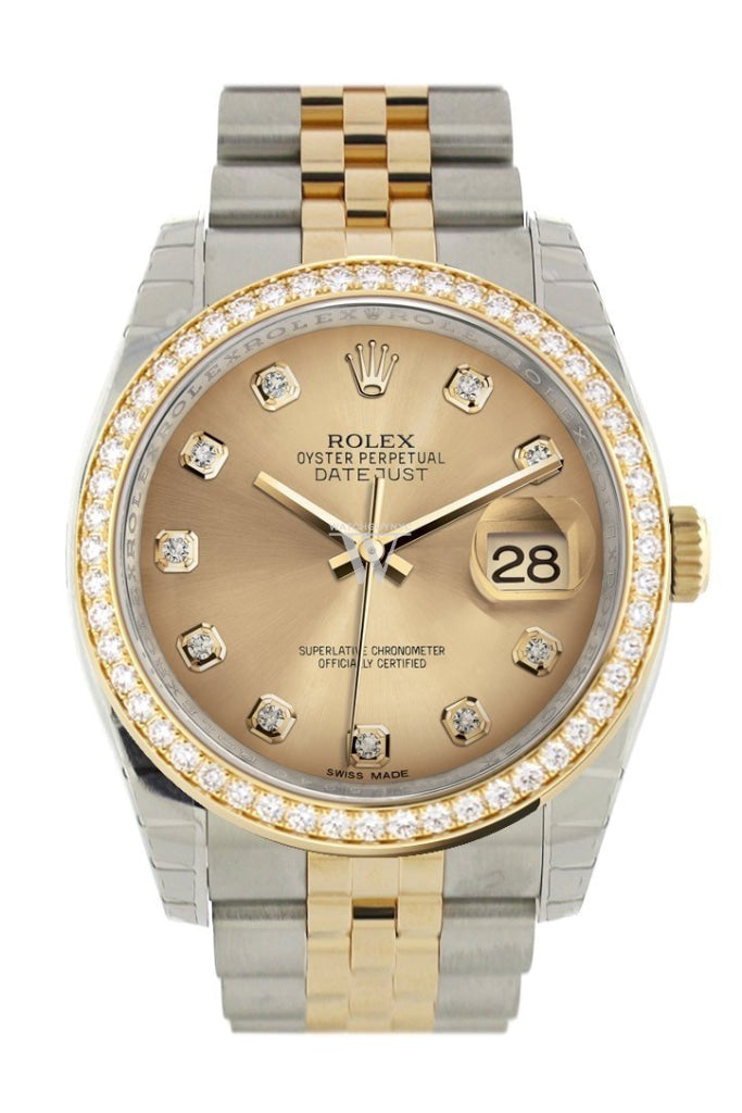Custom Diamond Bezel Rolex Datejust 36 Champagne diamonds Dial Jubilee Yellow Gold Two Tone Watch 116203 116233 Pre-owned