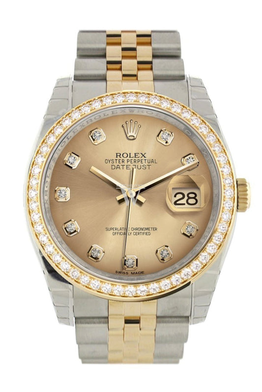 Custom Diamond Bezel Rolex Datejust 36 Champagne diamonds Dial Jubilee Yellow Gold Two Tone Watch 116203 116233 Pre-owned