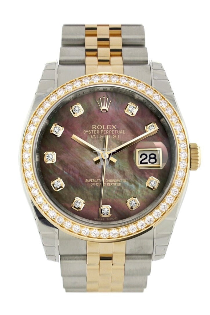 Custom Diamond Bezel Rolex Datejust 36 Black mother-of-pearl diamonds Dial JubileeYellow Gold Two Tone Watch 116203