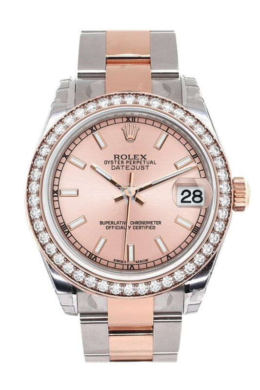 Custom Diamond Bezel Rolex Datejust 31 Pink Dial 18K Rose Gold Two Tone Ladies Watch 178241 Pre-owned