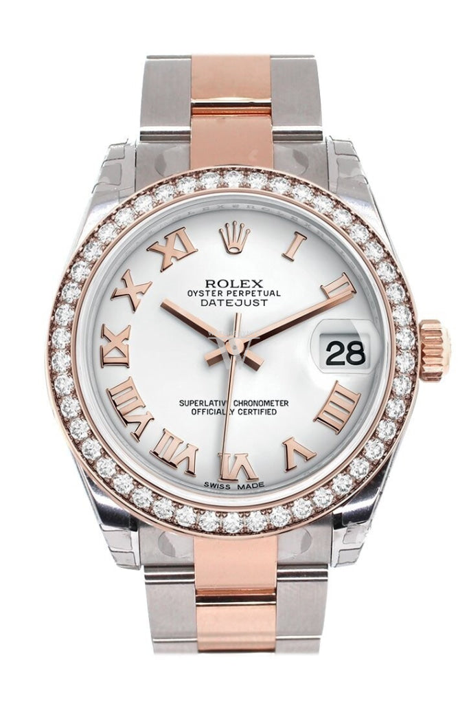Custom Diamond Bezel Rolex Datejust 31 White Roman Dial 18K Rose Gold Two Tone Ladies Watch 178241 Pre-owned