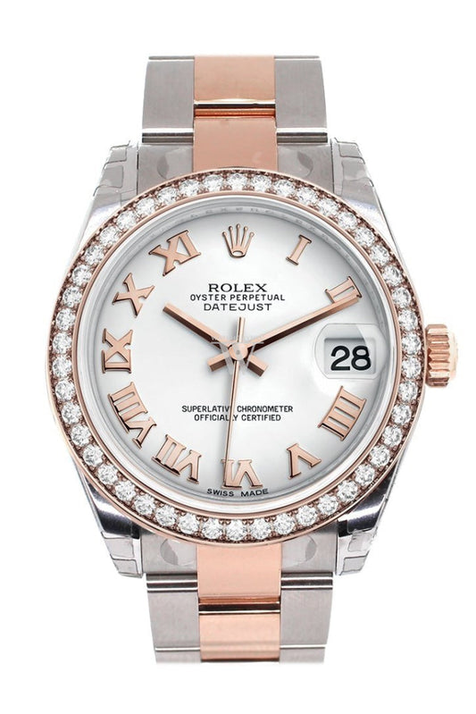 Custom Diamond Bezel Rolex Datejust 31 White Roman Dial 18K Rose Gold Two Tone Ladies Watch 178241 Pre-owned