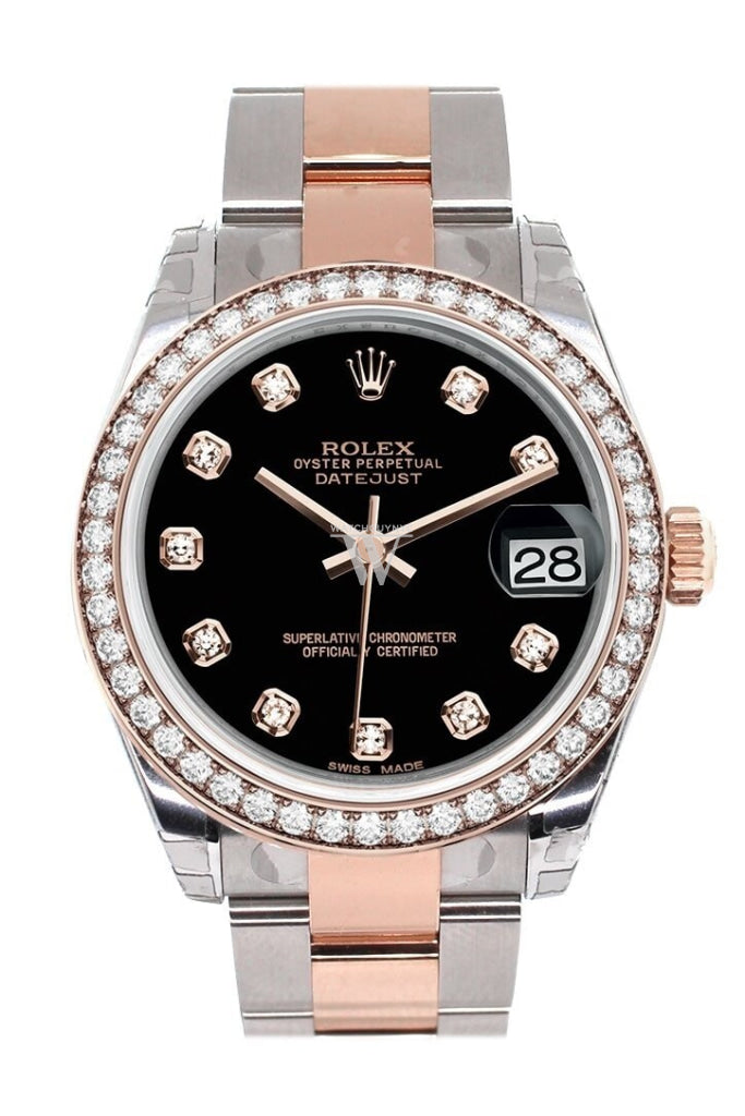 Custom Diamond Bezel Rolex Datejust 31 Black Diamond Dial 18K Rose Gold Two Tone Ladies Watch 178241 Pre-owned