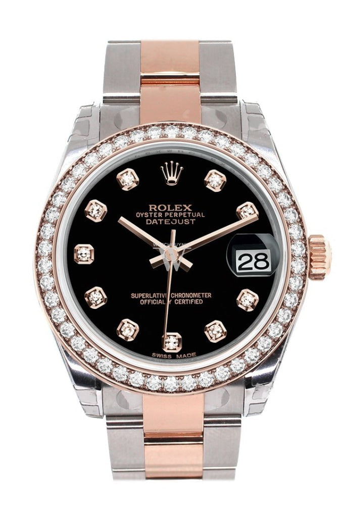 Custom Diamond Bezel Rolex Datejust 31 Black Diamond Dial 18K Rose Gold Two Tone Ladies Watch 178241 Pre-owned