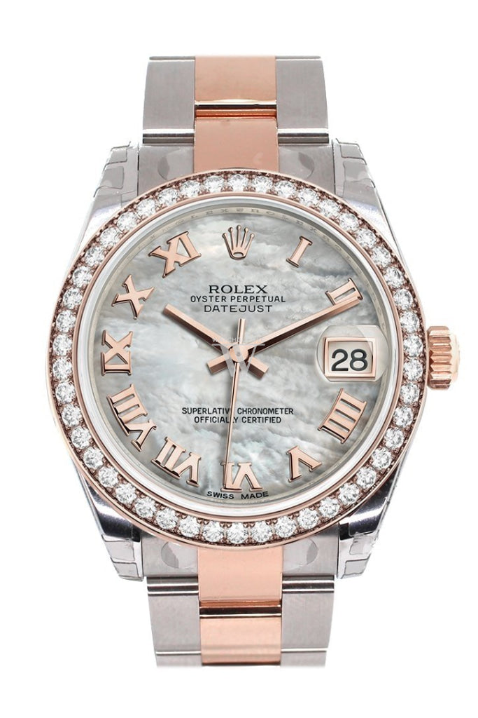 Custom Diamond Bezel Rolex Datejust 31 White Mother of Pearl Roman Dial 18K Rose Gold Two Tone Ladies Watch 178241 Pre-owned