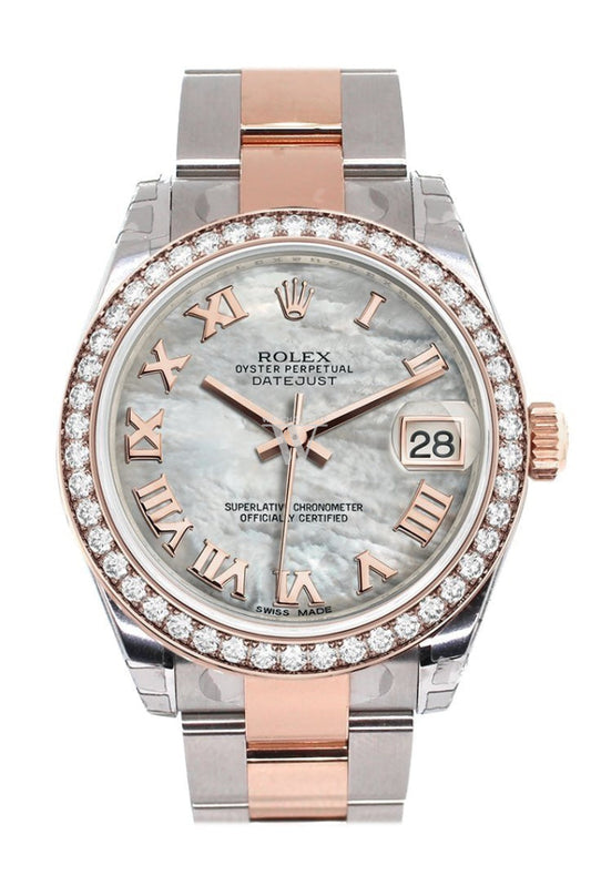 Custom Diamond Bezel Rolex Datejust 31 White Mother of Pearl Roman Dial 18K Rose Gold Two Tone Ladies Watch 178241 Pre-owned