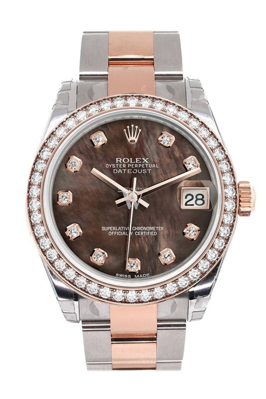 Custom Diamond Bezel Rolex Datejust 31 Black Mother of Pearl Diamond Dial 18K Rose Gold Two Tone Ladies Watch 178241 Pre-owned