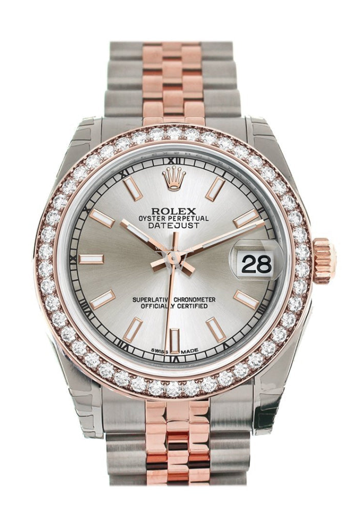 Custom Diamond Bezel Rolex Datejust 31 Silver Dial 18K Rose Gold Two Tone Jubilee Ladies Watch 178241 Pre-owned