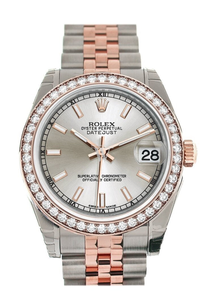 Custom Diamond Bezel Rolex Datejust 31 Silver Dial 18K Rose Gold Two Tone Jubilee Ladies Watch 178241 Pre-owned