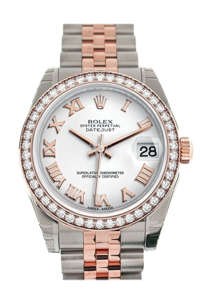 Custom Diamond Bezel Rolex Datejust 31 White Roman Dial 18K Rose Gold Two Tone Jubilee Ladies Watch 178241 Pre-owned