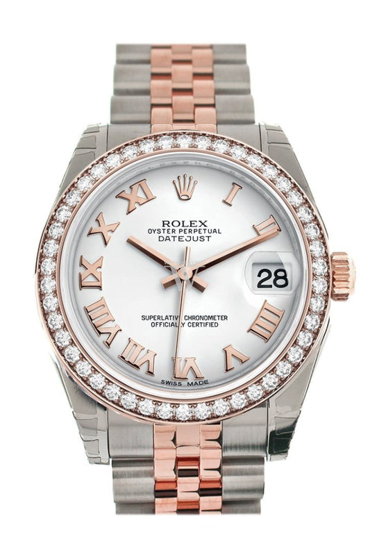 Custom Diamond Bezel Rolex Datejust 31 White Roman Dial 18K Rose Gold Two Tone Jubilee Ladies Watch 178241 Pre-owned