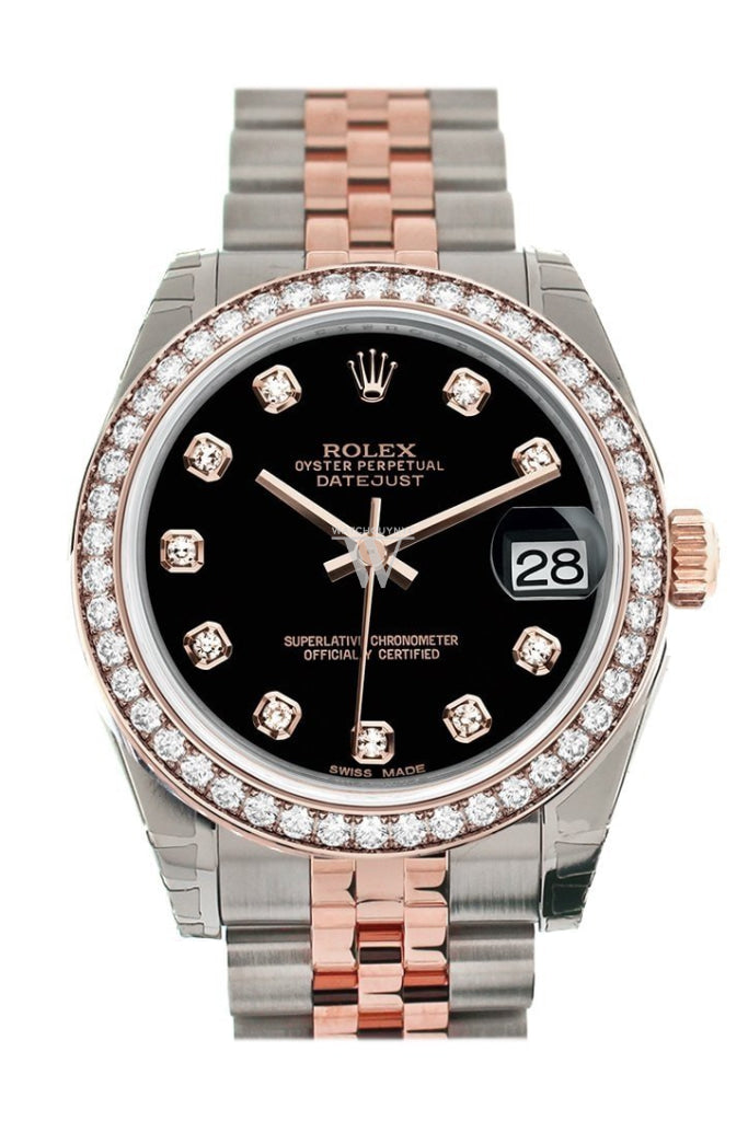Custom Diamond Bezel Rolex Datejust 31 Black Diamond Dial 18K Rose Gold Two Tone Jubilee Ladies Watch 178241 Pre-owned