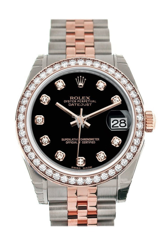 Custom Diamond Bezel Rolex Datejust 31 Black Diamond Dial 18K Rose Gold Two Tone Jubilee Ladies Watch 178241 Pre-owned