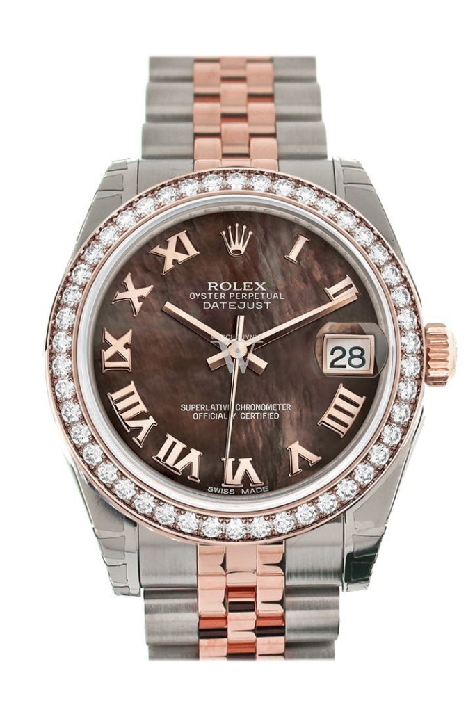 Custom Diamond Bezel Rolex Datejust 31 Black Mother of Pearl Roman Dial 18K Rose Gold Two Tone Jubilee Ladies Watch 178241 Pre-owned