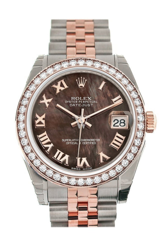 Custom Diamond Bezel Rolex Datejust 31 Black Mother of Pearl Roman Dial 18K Rose Gold Two Tone Jubilee Ladies Watch 178241 Pre-owned