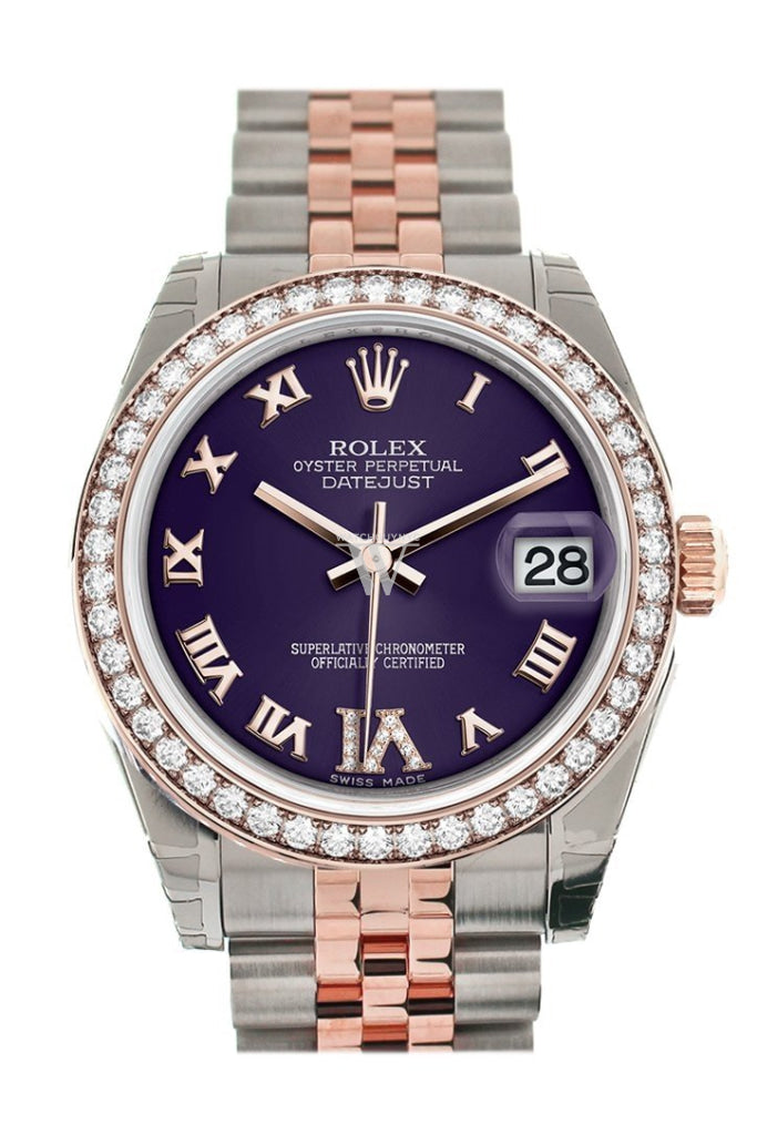Custom Diamond Bezel Rolex Datejust 31 Purple Roman Large VI Diamond Dial 18K Rose Gold Two Tone Jubilee Ladies Watch 178241 Pre-owned