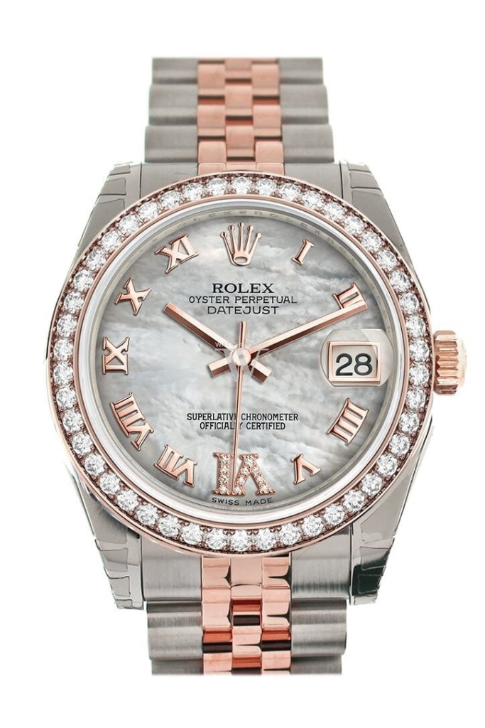 Custom Diamond Bezel Rolex Datejust 31 White Mother of Pearl Roman Large VI Diamond Dial 18K Rose Gold Two Tone Jubilee Ladies Watch 178241 Pre-owned