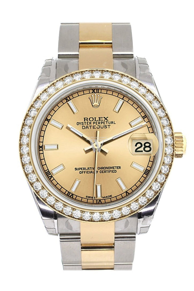 Custom Diamond Bezel Rolex Datejust 31 Champagne Dial Ladies Watch Two Tone 18K Gold 178243 Pre-owned