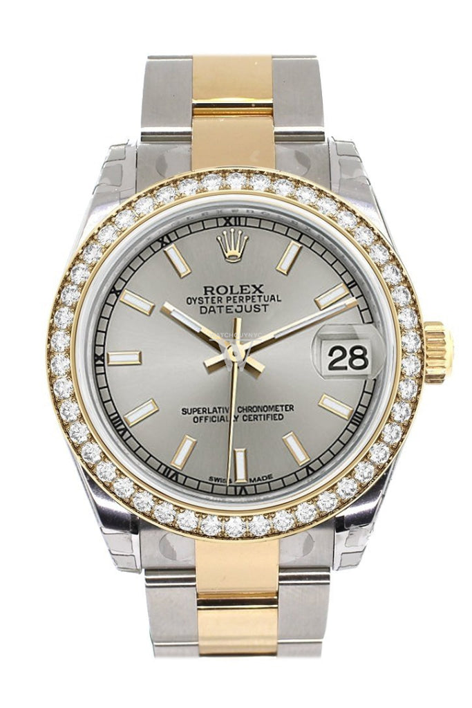 Custom Diamond Bezel Rolex Datejust 31 Silver Dial Ladies Watch Two Tone 18K Gold 178243 Pre-owned