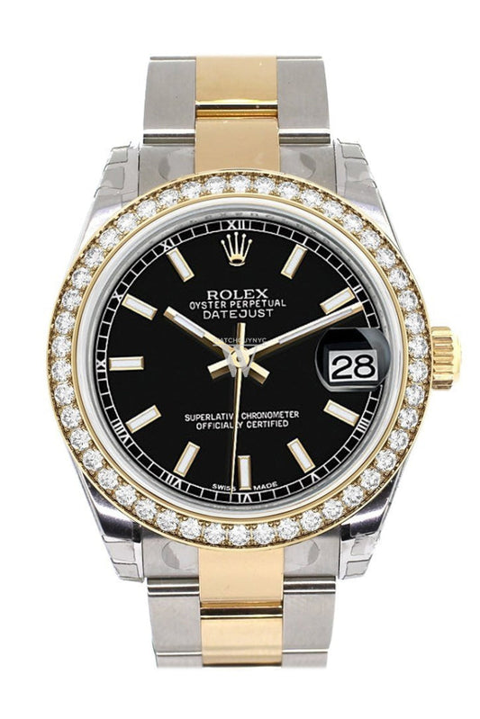 Custom Diamond Bezel Rolex Datejust 31 Black Dial Ladies Watch Two Tone 18K Gold 178243 Pre-owned
