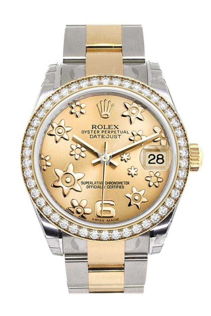 Custom Diamond Bezel Rolex Datejust 31 Champagne Floral Motif Roman Dial Ladies Watch Two Tone 18K Gold 178243 Pre-owned