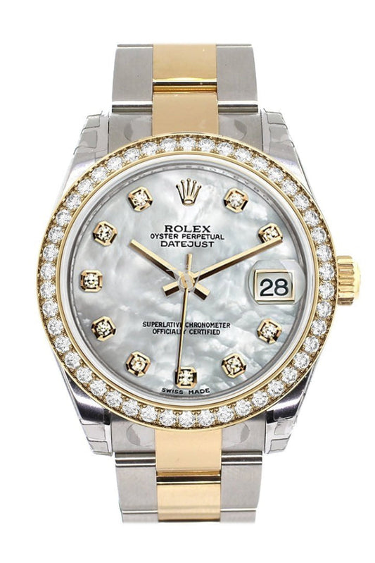 Custom Diamond Bezel Rolex Datejust 31 Mother of Pearl Diamonds Dial  Ladies Watch Two Tone 18K Gold 178243 Pre-owned
