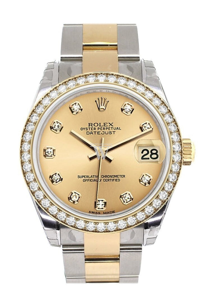 Custom Diamond Bezel Rolex Datejust 31 Champagne Diamond Dial Ladies Watch Two Tone 18K Gold 178243 Pre-owned