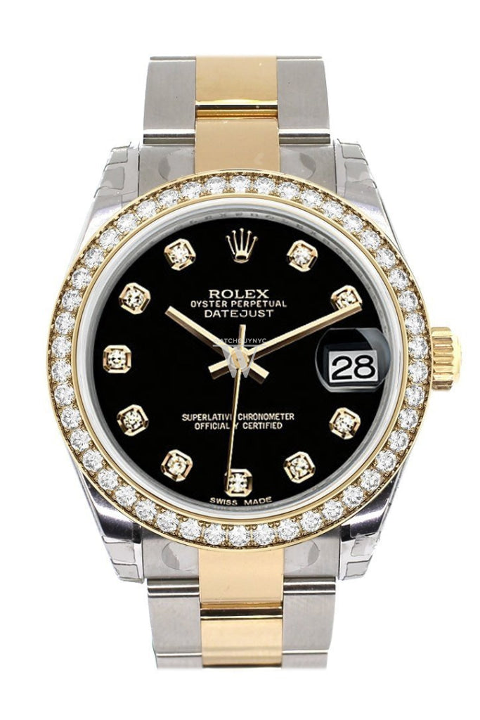 Custom Diamond Bezel Rolex Datejust 31 Black Diamond Dial Ladies Watch Two Tone 18K Gold 178243 Pre-owned