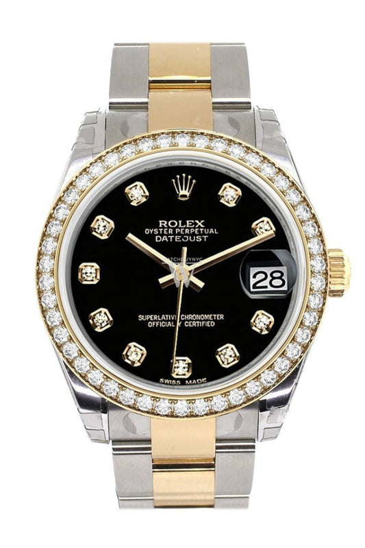 Custom Diamond Bezel Rolex Datejust 31 Black Diamond Dial Ladies Watch Two Tone 18K Gold 178243 Pre-owned