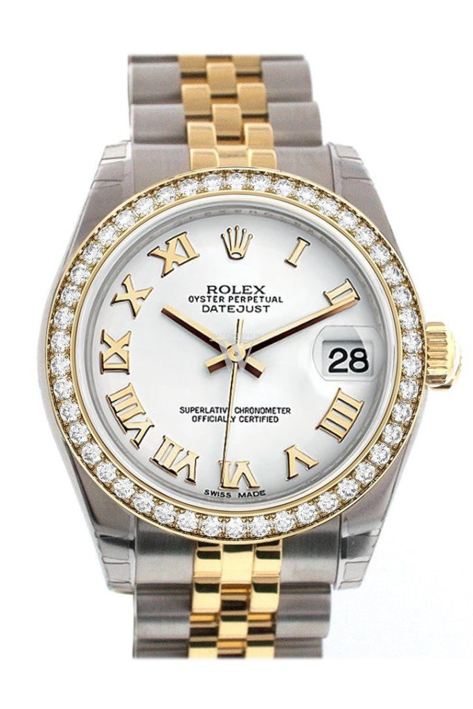 Custom Diamond Bezel Rolex Datejust 31 White Roman Dial Two Tone 18K Gold Jubilee Ladies Watch 178243 Pre-owned