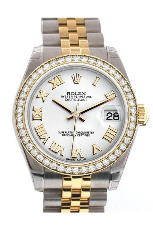 Custom Diamond Bezel Rolex Datejust 31 White Roman Dial Two Tone 18K Gold Jubilee Ladies Watch 178243 Pre-owned