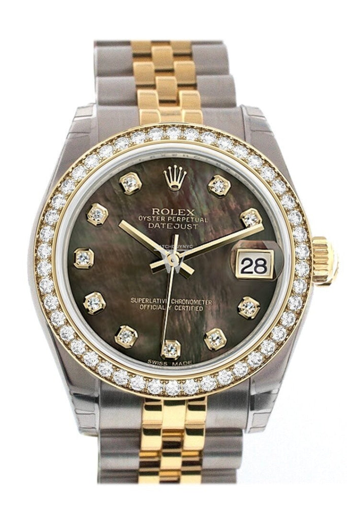 Custom Diamond Bezel Rolex Datejust 31 Black Mother of Pearl Diamonds Dial 18K Gold Jubilee Watch 178243 Pre-owned