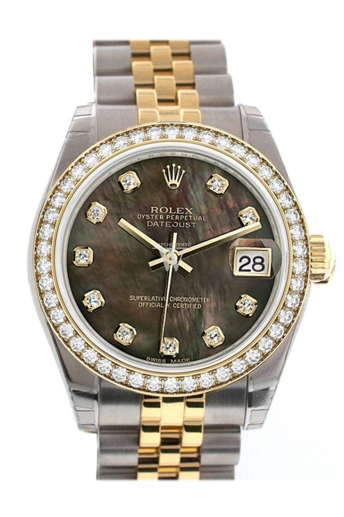 Custom Diamond Bezel Rolex Datejust 31 Black Mother of Pearl Diamonds Dial 18K Gold Jubilee Watch 178243 Pre-owned