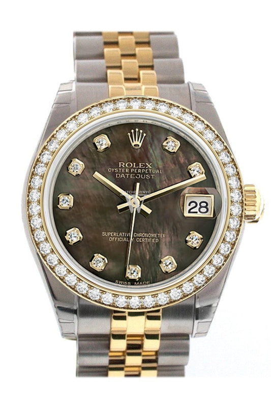 Custom Diamond Bezel Rolex Datejust 31 Black Mother of Pearl Diamonds Dial 18K Gold Jubilee Watch 178243 Pre-owned