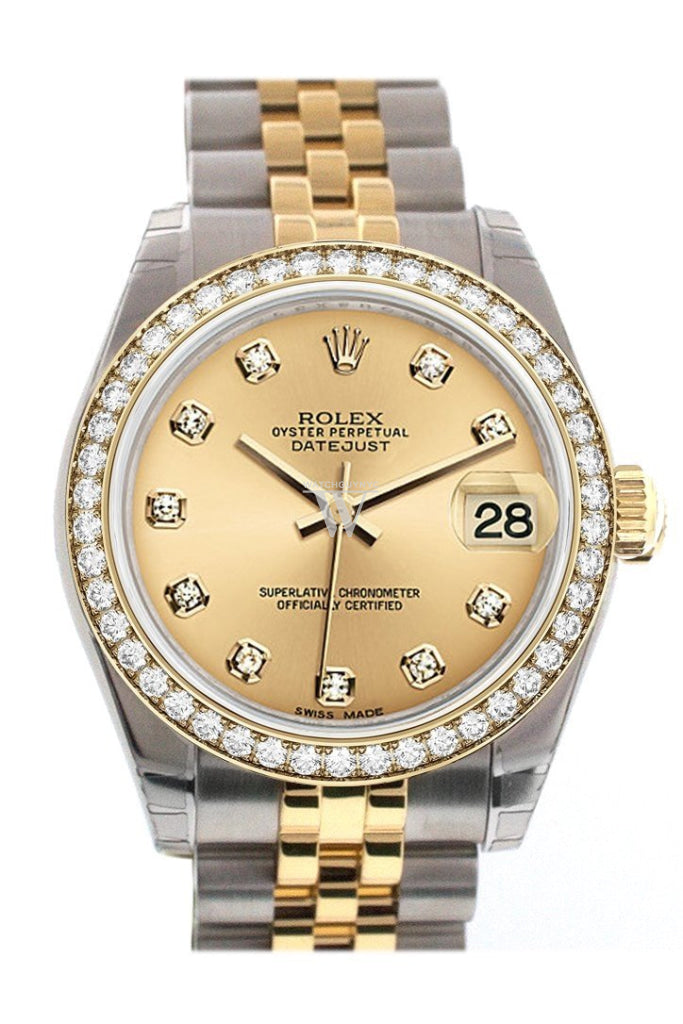 Custom Diamond Bezel Rolex Datejust 31 Champgane Diamond Dial 18K Gold Jubilee Watch 178243 Pre-owned