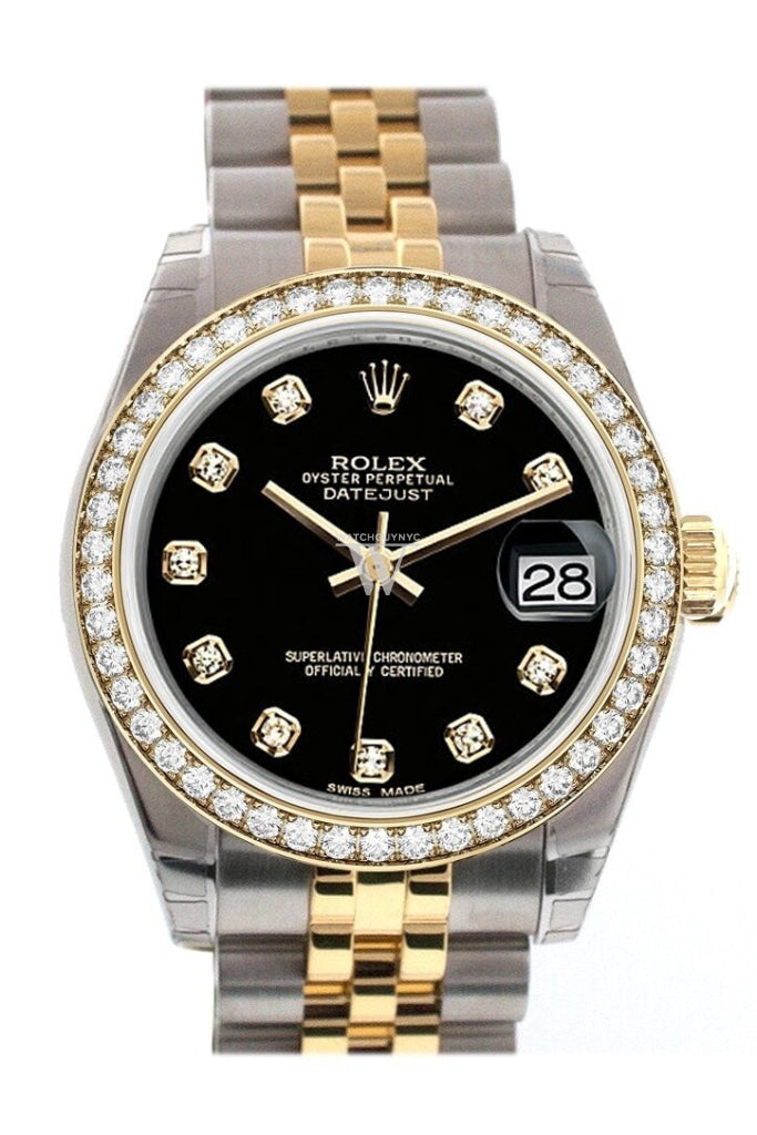 Custom Diamond Bezel Rolex Datejust 31 Black Diamond Dial Two Tone 18K Gold Jubilee Ladies Watch 178243 Pre-owned