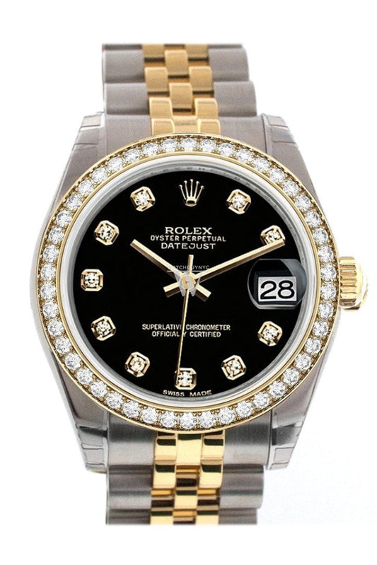 Custom Diamond Bezel Rolex Datejust 31 Black Diamond Dial Two Tone 18K Gold Jubilee Ladies Watch 178243 Pre-owned