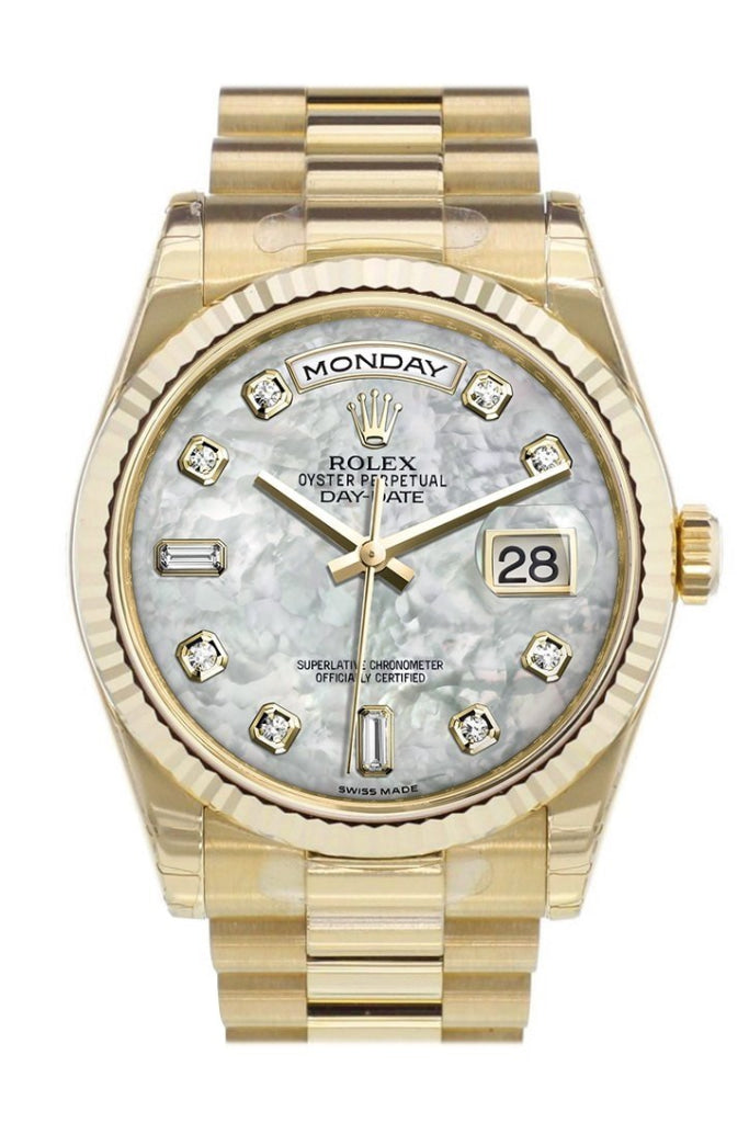 Rolex Day-Date 36 White mother-of-pearl Diamonds Dial Fluted Bezel President Yellow Gold Watch 118238