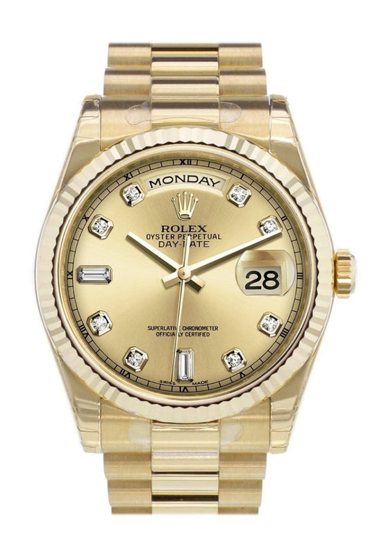 Rolex Day-Date 36 Champagne-colour set with diamonds Dial Fluted Bezel President Yellow Gold Watch 118238