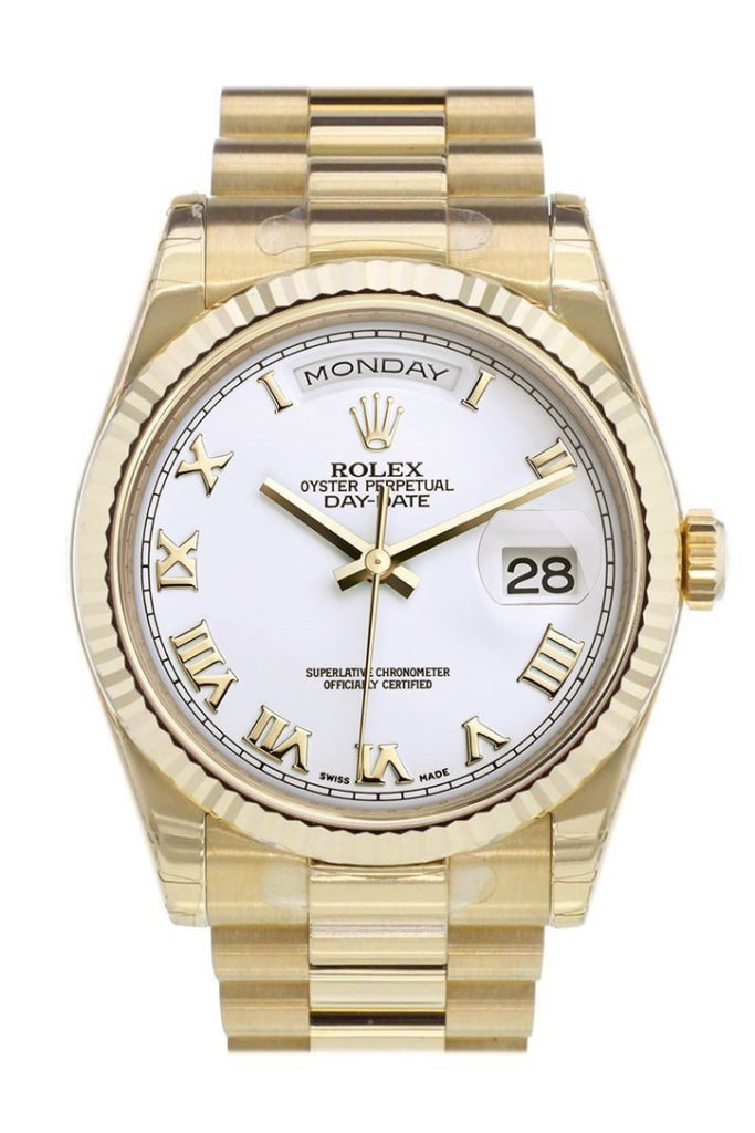 Rolex Day-Date 36 White Dial Fluted Bezel President Yellow Gold Watch 118238